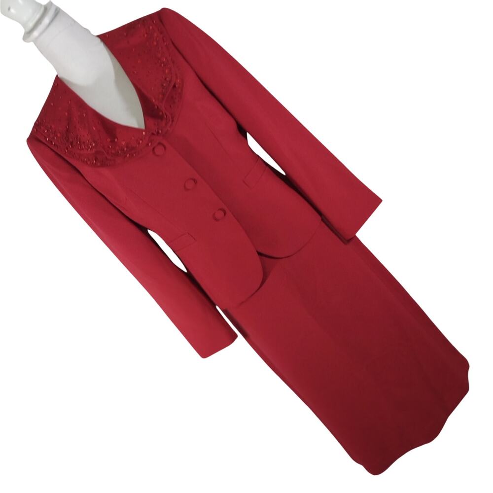 EMILY! RAVISHING RED SEQUIN & BEAD DETAILED  DUAL COLLAR 2 PC SKIRT SUIT SET! 10